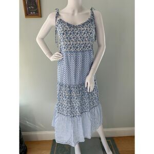 J Crew Dress Blue White Geometric Paisley Peasant Boho Tiered Maxi Dress Med